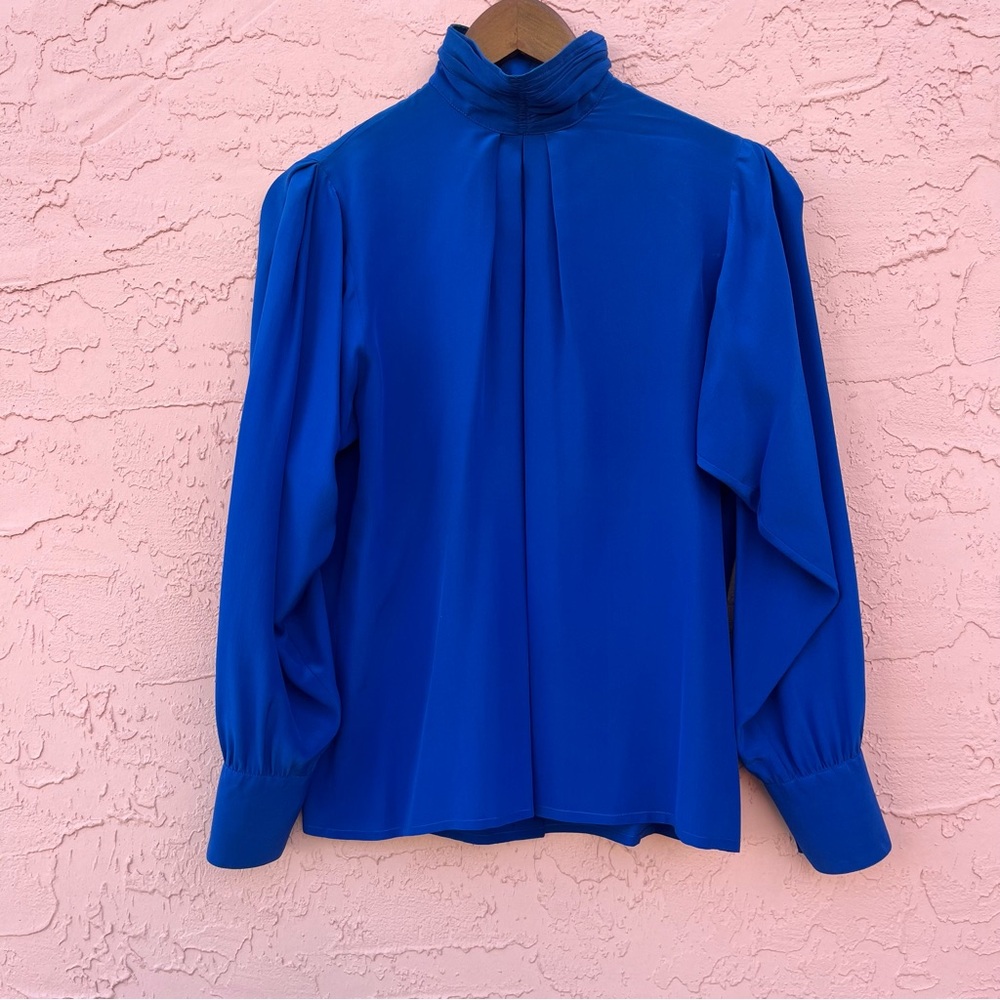 Vintage Marshall Field & Company Cobalt Blue Silk Blouse Size 8 Flaw